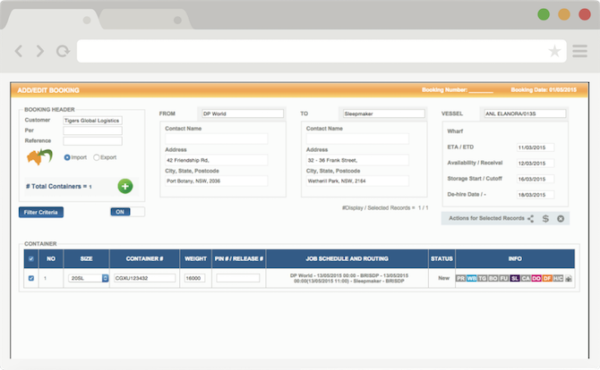 Screenshot of the FreightTracker Containers module