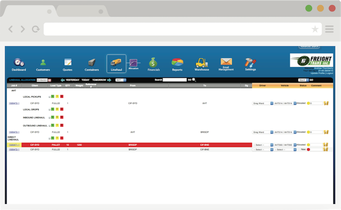 Screenshot of the FreightTracker Linehaul module