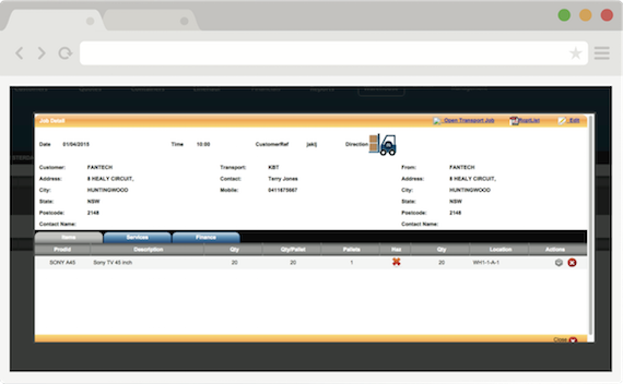 Screenshot of the FreightTracker Warehouse management module